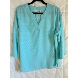 Kim Rogers Women's Turquoise Polka Dot V Neck Bell Sleeve Tunic Top Size L